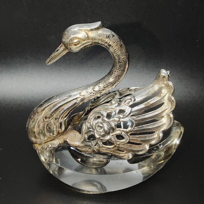 Antique W. German Sterling Silver and Crystal Swan Salt Cellar With Moving Wings