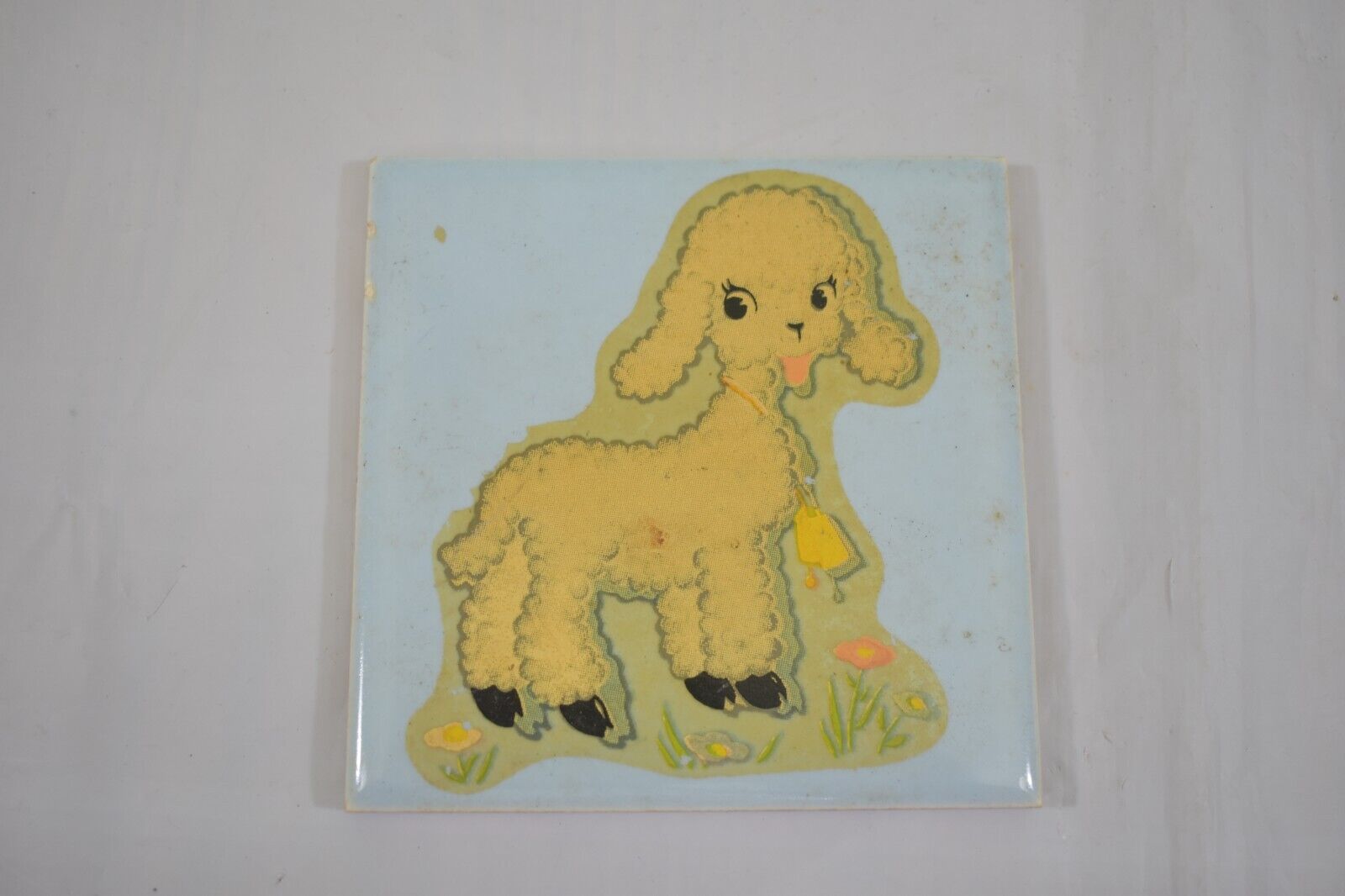 Vintage MCM Lamb Tiles Wall Hanging Kitschy Sheep Realistic Easter USA Blue