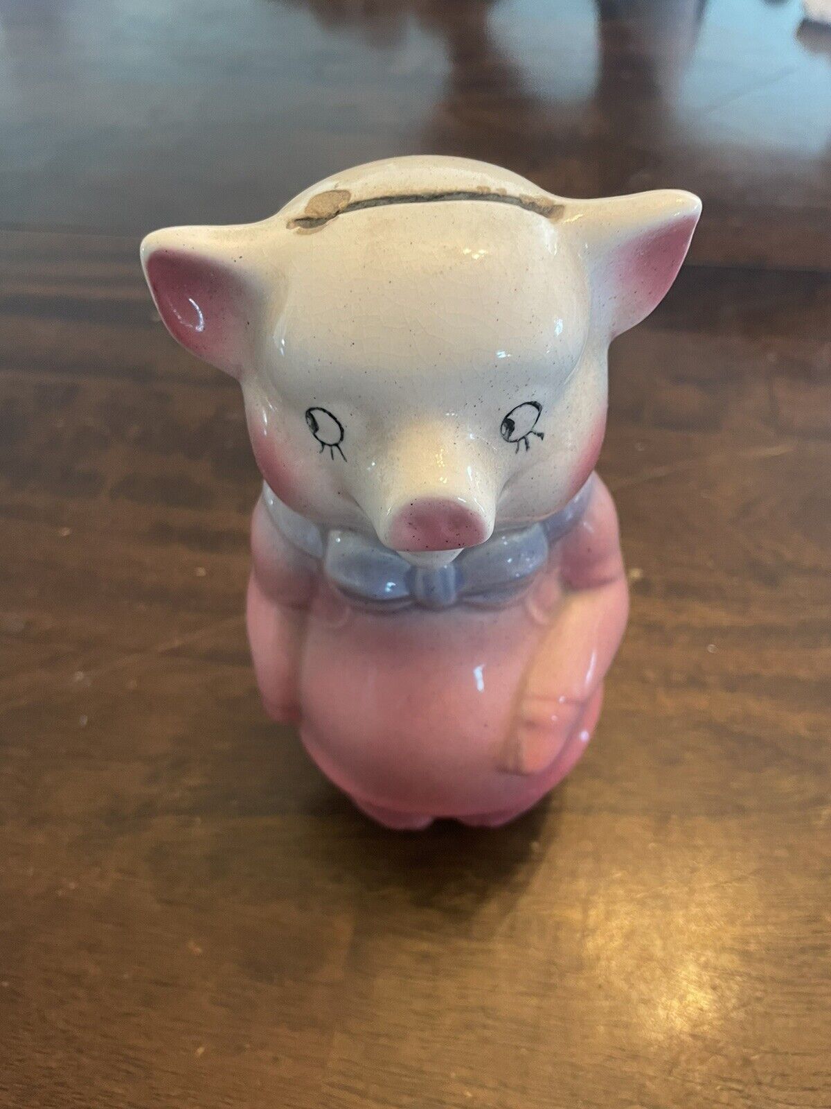 Vintage Shawnee Pottery Happy Girl PIG Coin Bank Pink Dress 6”