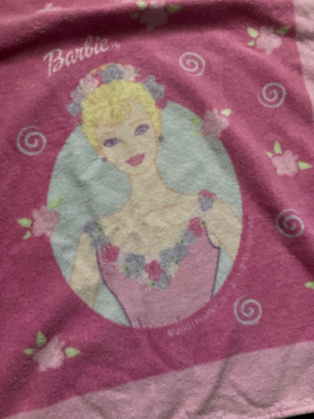 Vintage 90s Barbie Franco Pink White Bath Beach Mattel Princess Flower Towel 