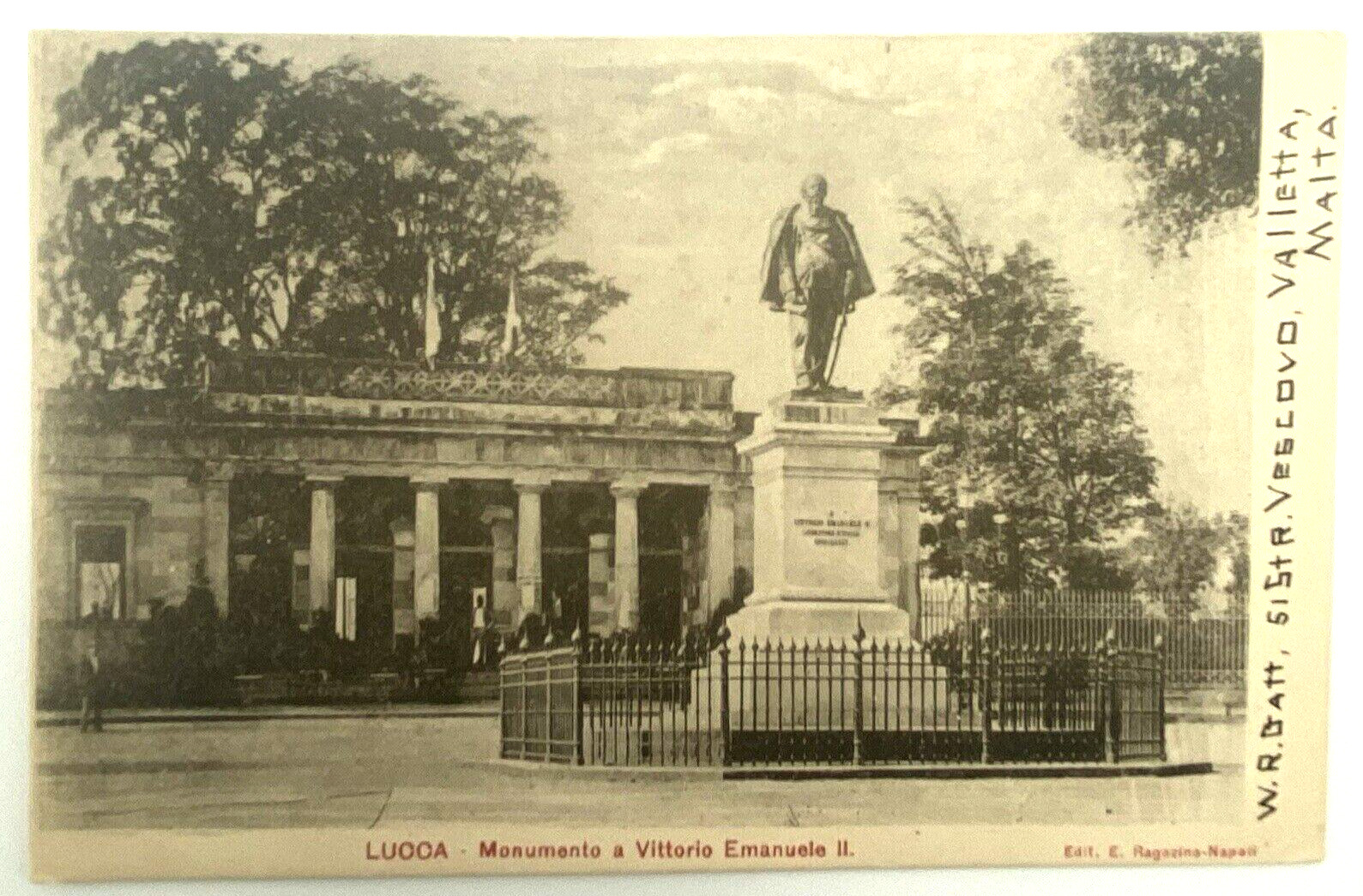 Lucca Italy Vintage Postcard c.1900s Statue Victor Emmanuel II, Malta W. R. Gatt