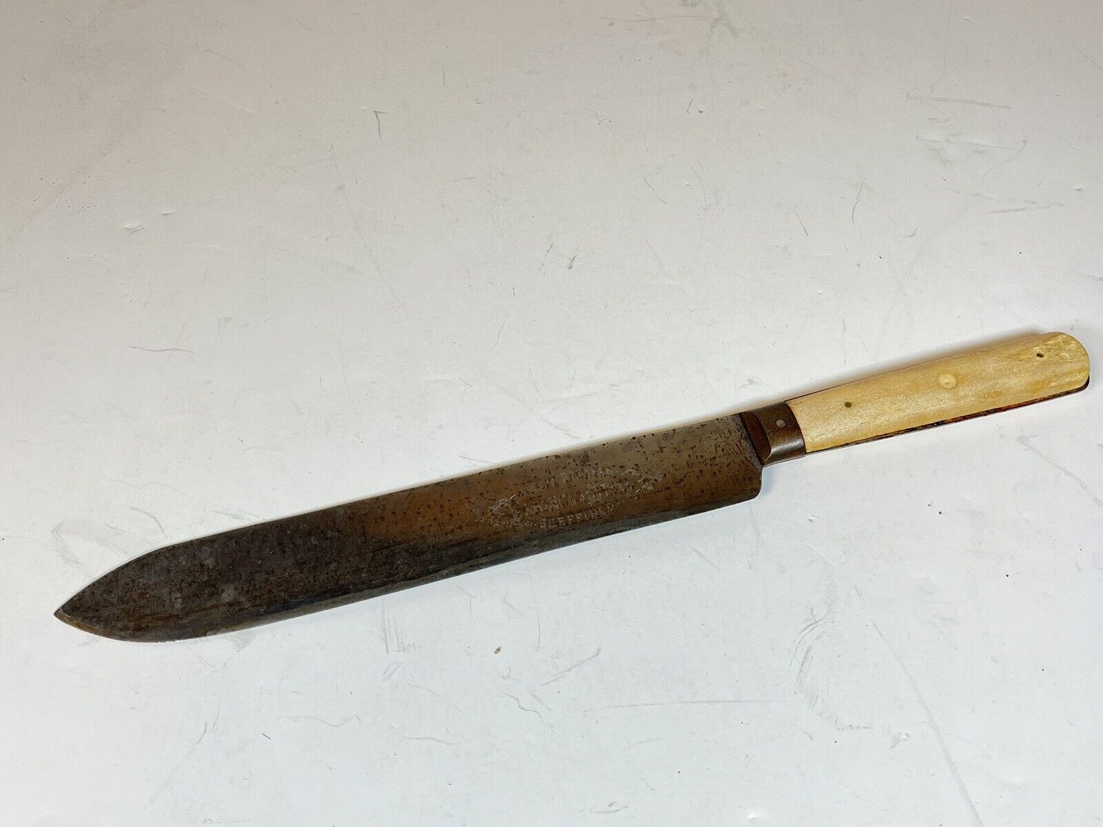 Antique Joseph Downend Sheffield Damascus steel knife with bone handle