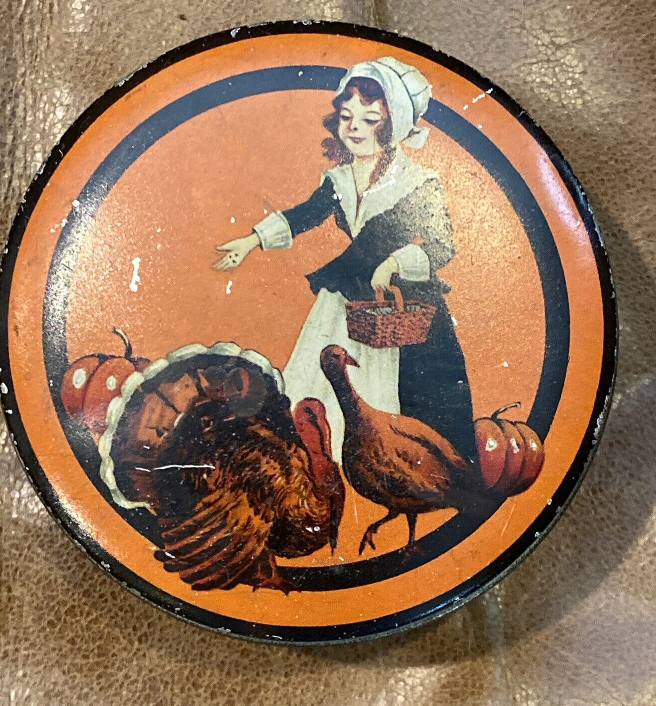 Antique Vintage Tindeco 4” Thanksgiving Candy Tin Pilgrim Girl Turkey Autumn