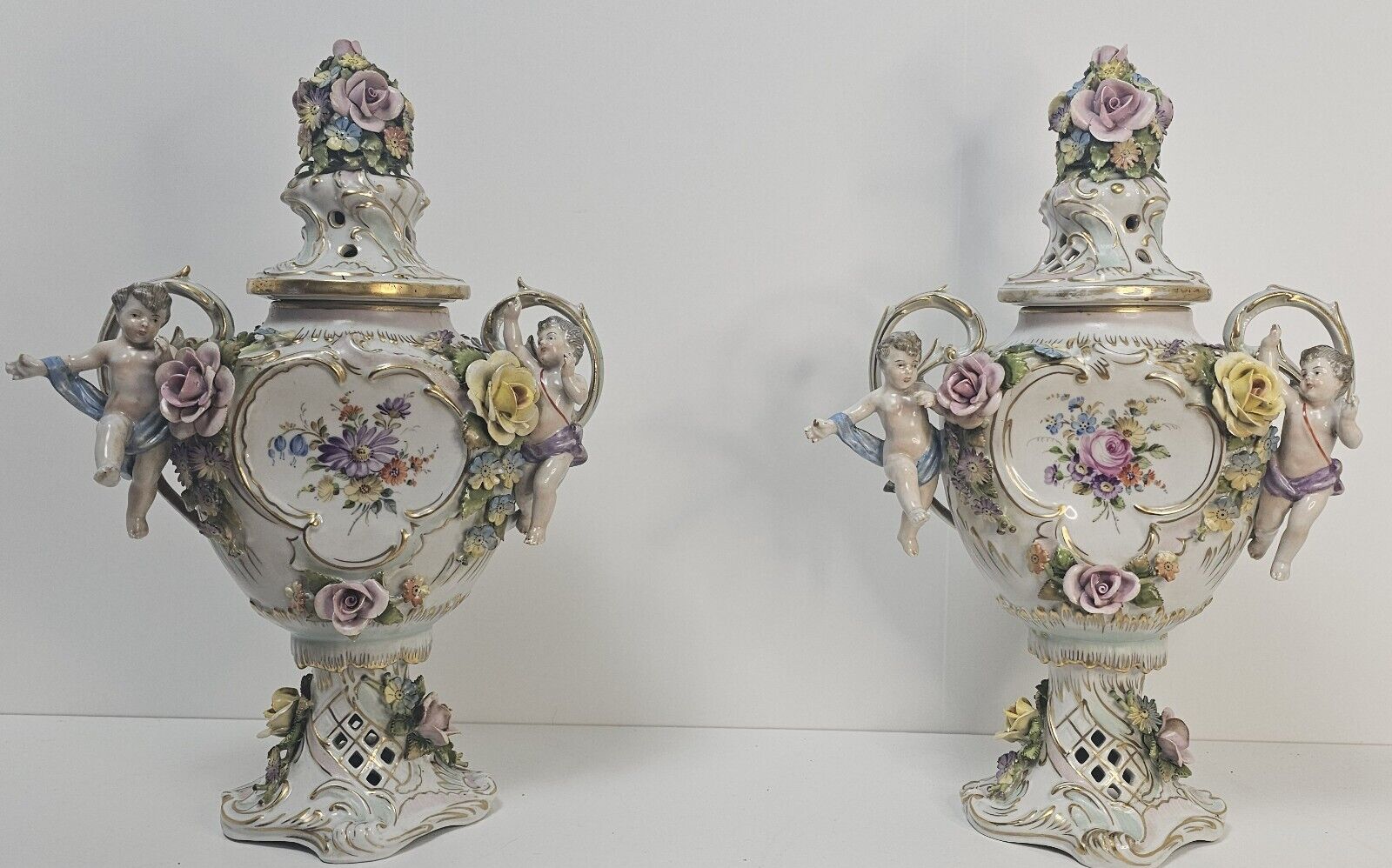Vintage Pair (2) of Von Schierholz Dresden Covered Cherub Urns w Handles