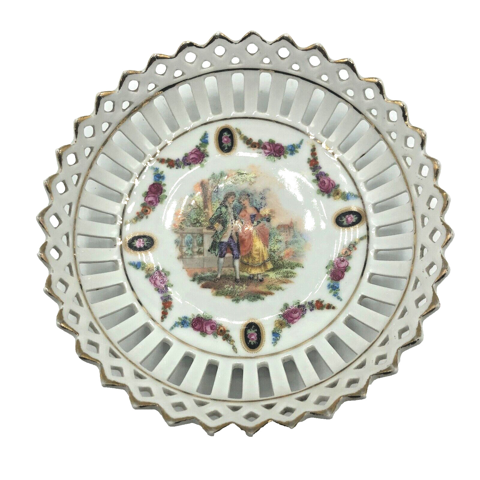 Vintage German Trinket Bowls Dish Reticulated Provincial Man Woman Flower Border