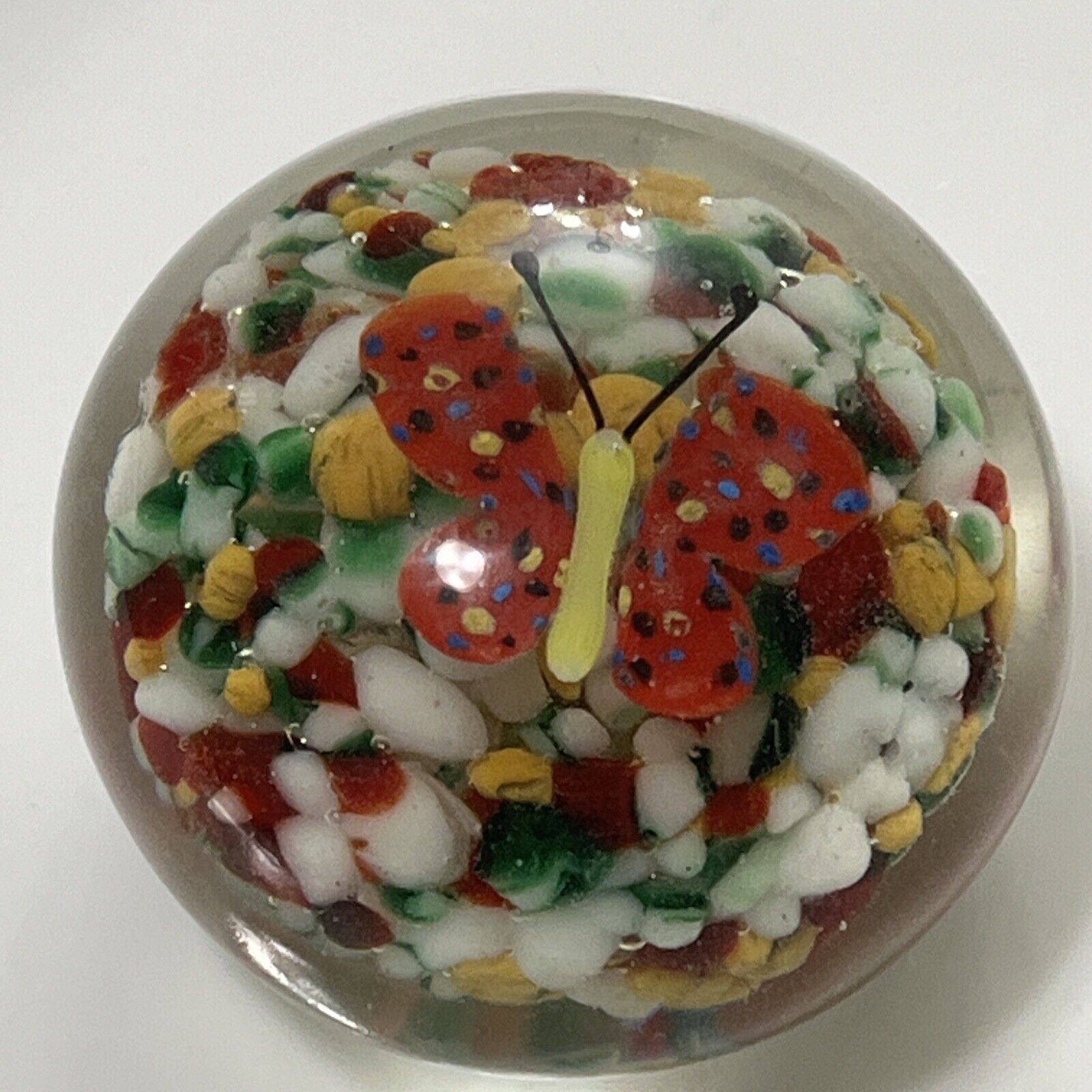 Round Chinese Butterfly Paperweight Red 1930’s Butterfly On Bed Of Millefiori