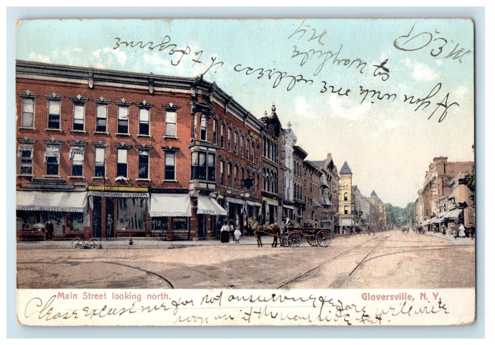 1907 Main Street Looking North Horse Wagon Gloversville New York NY Postcard