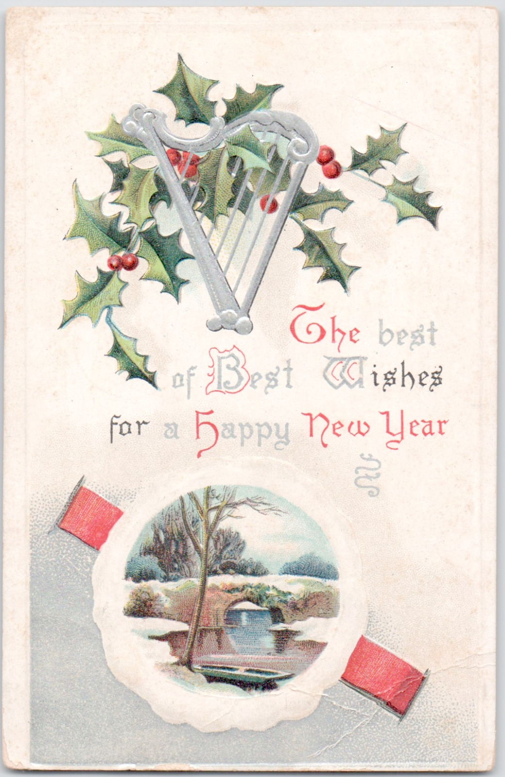 Vintage Happy New Year Best Wishes Holly Embossed Silver Bridge Antique Postcard