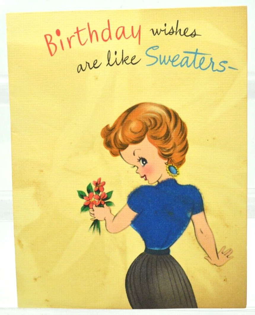 Vintage 1950\'s Naughty Happy Birthday Card - Fabric Sweater - Teasing