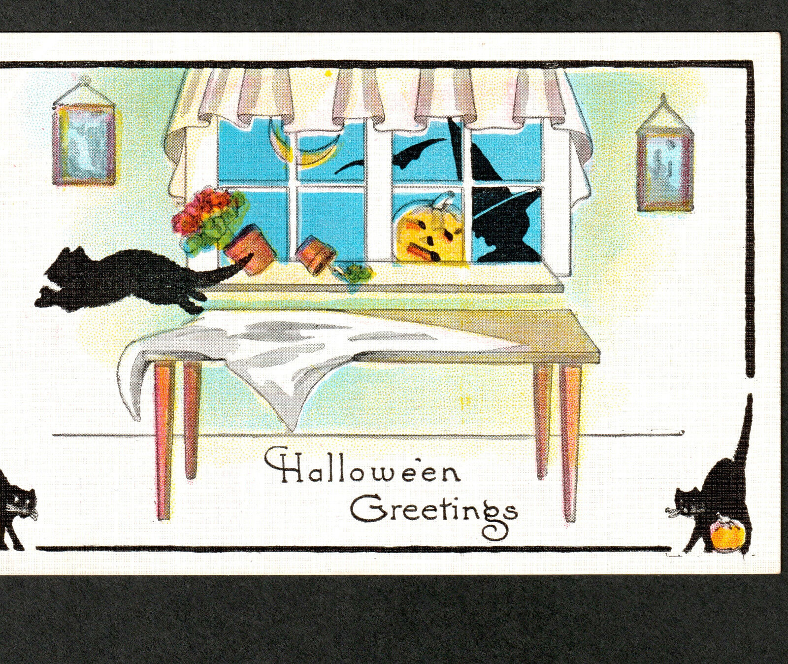 Witch Halloween Greetings Black Cat Pumpkin JOL Window UN 412 Bat Moon PostCard
