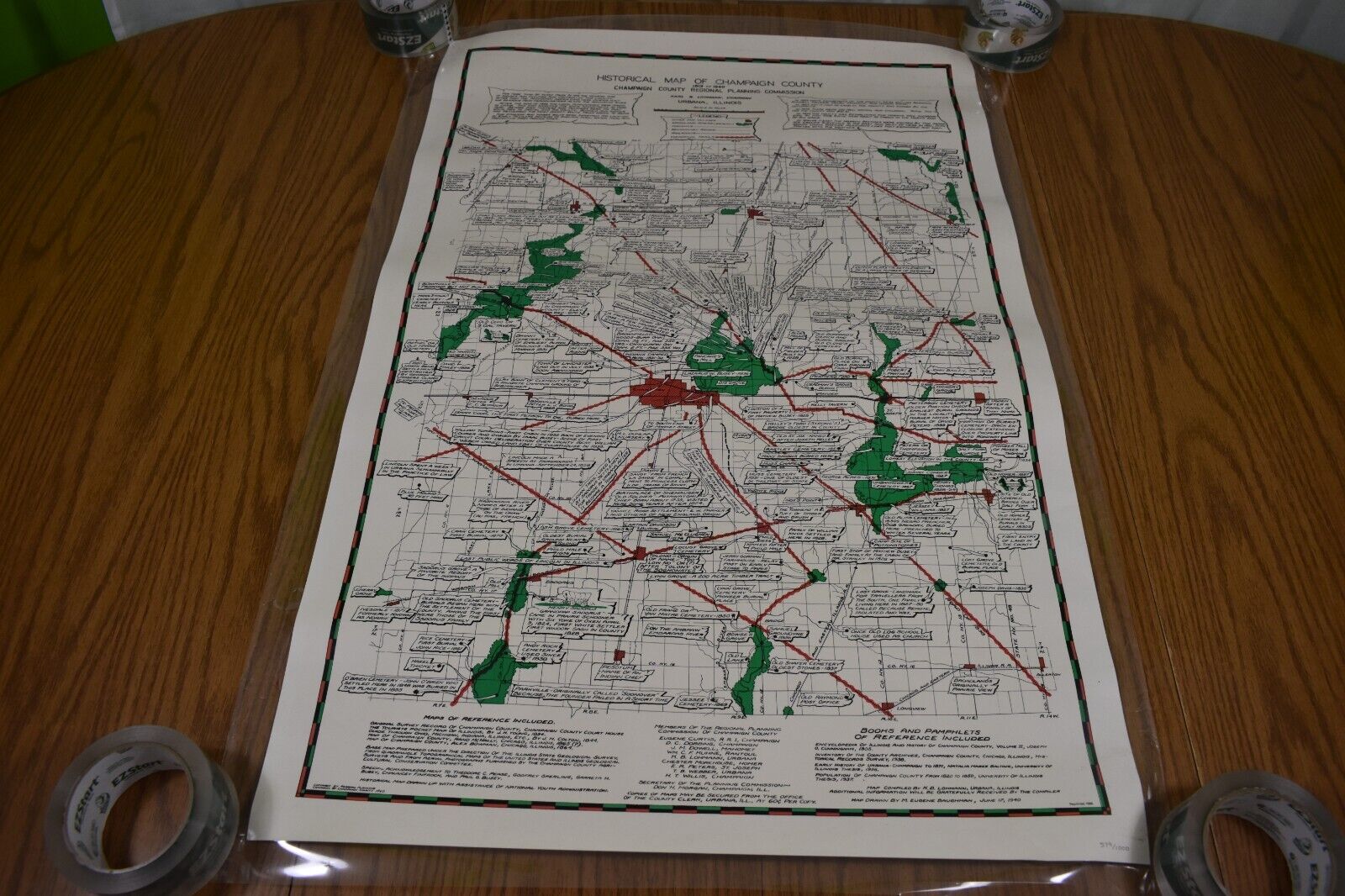 1940 Antique Map Facsimile Champaign County, Il Laminated Limited 579/1000