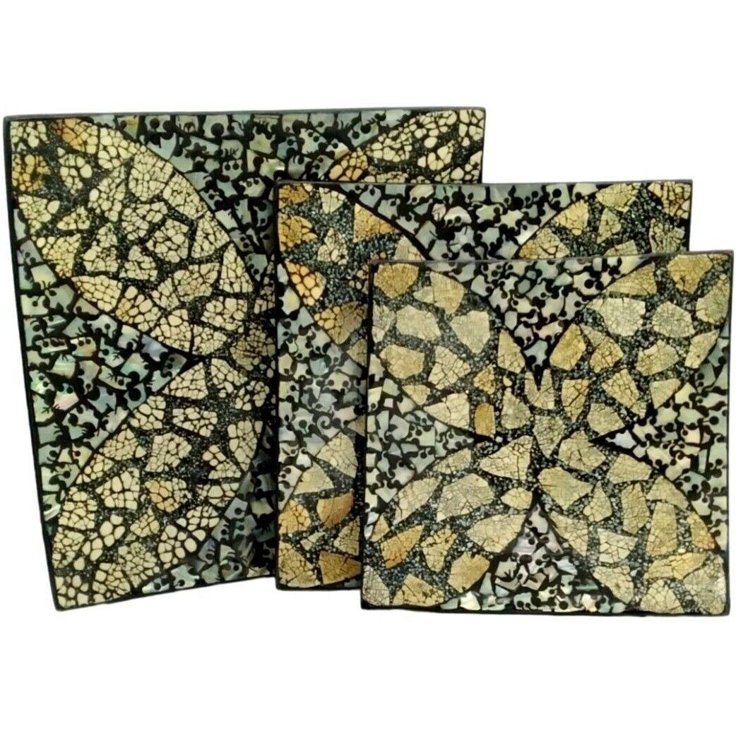 Natural Abalone Shell & Stone Mosaic Stackable Serving Platters ~ 3pc Set