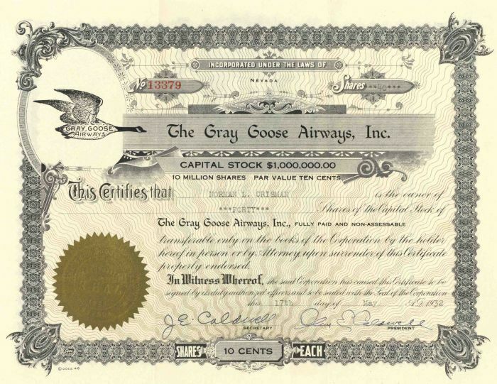 Gray Goose Airways Stock Certificate signed by the inventor Jonathan Edward Cald