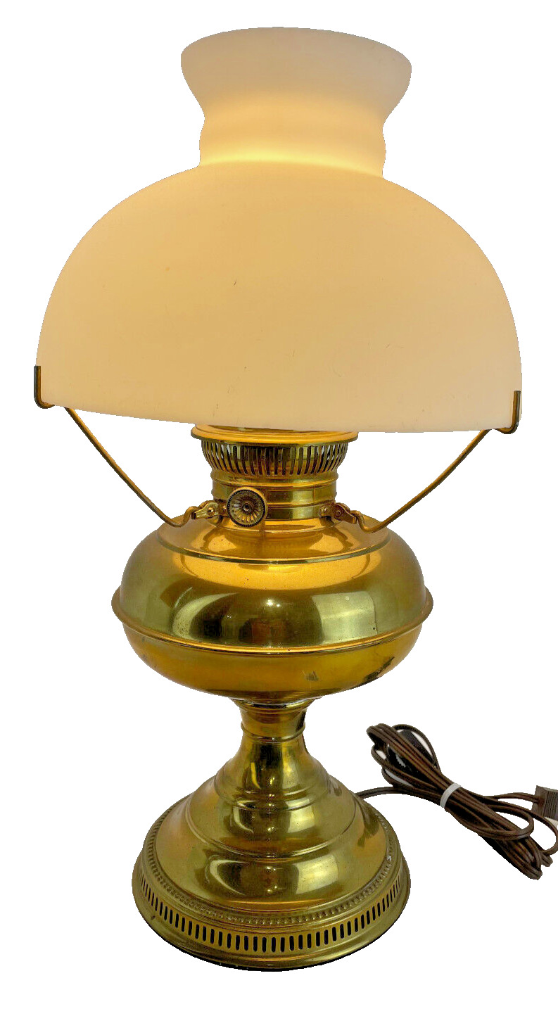 Antique Rayo Electrified Oil Lamp Bright Brass Plated Frosted Glass Bell Shade