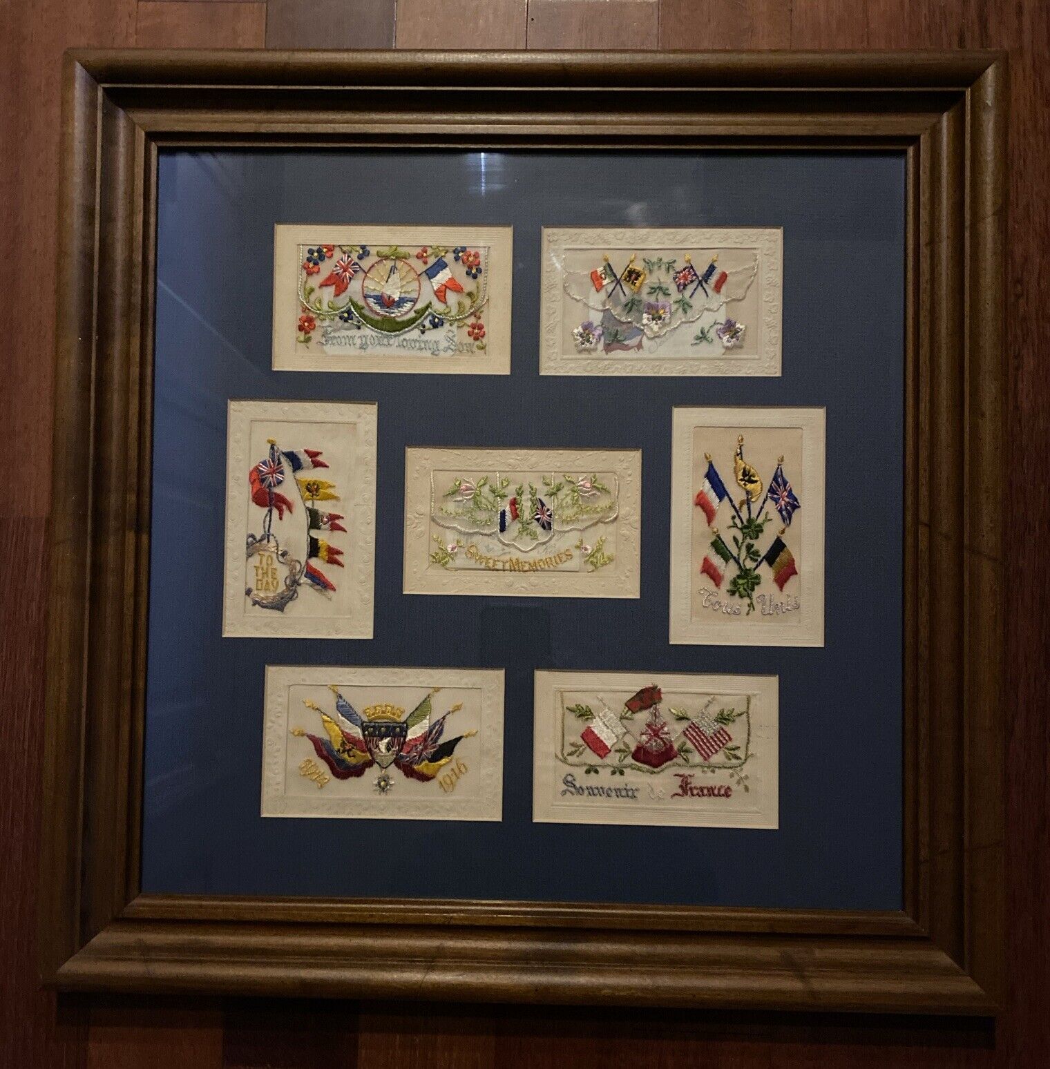 WW1 EMBROIDERED SILK POSTCARD FRAMED COLLECTION QTY 7 FLAG