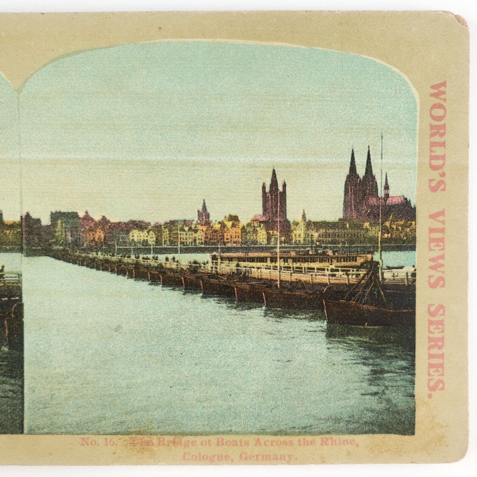 Cologne Germany Boat Bridge Stereoview c1900 Tinted German Rhine River Art G1043