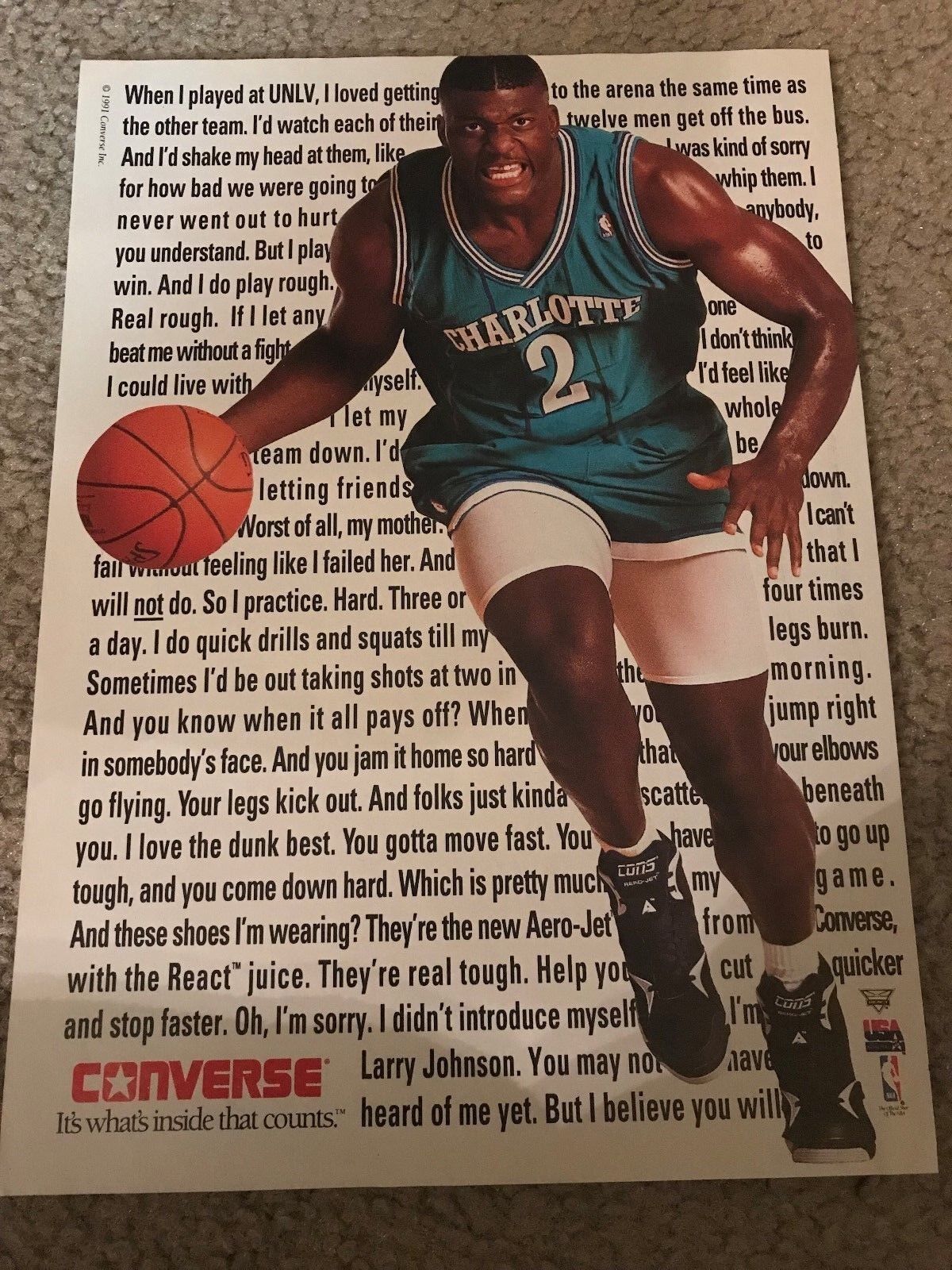 Vintage 1992 LARRY JOHNSON CONVERSE CONS Poster Print Ad Basketball Shoes 1990s