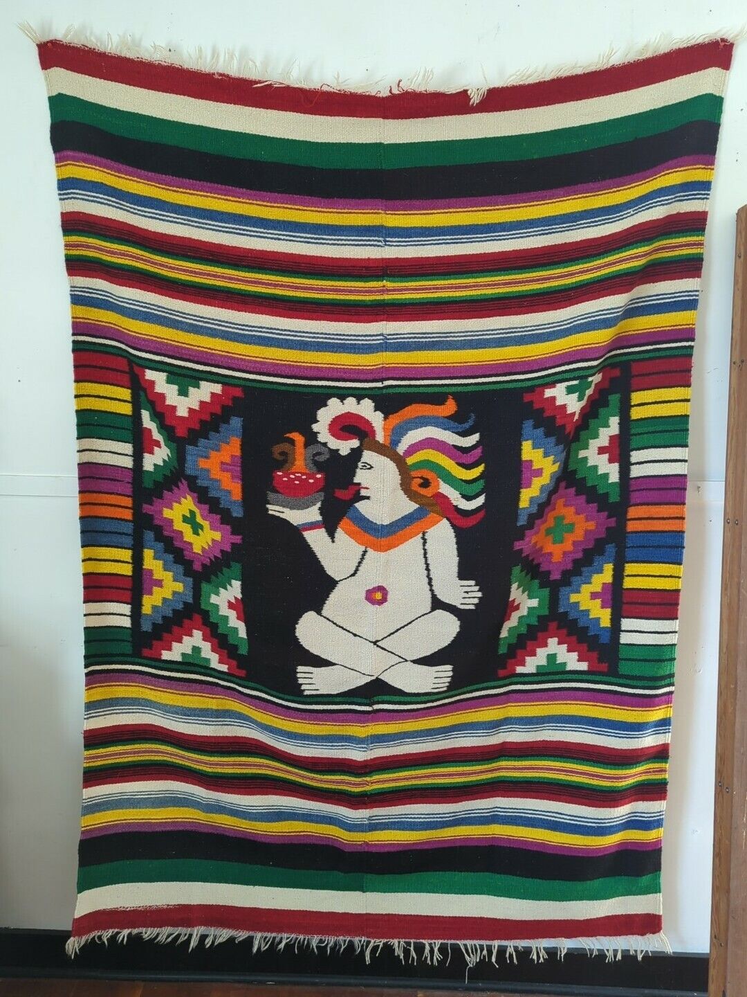 VINTAGE 1960\'S HAND WOVEN MEXICO MULTICOLOR WOOL BLANKET 