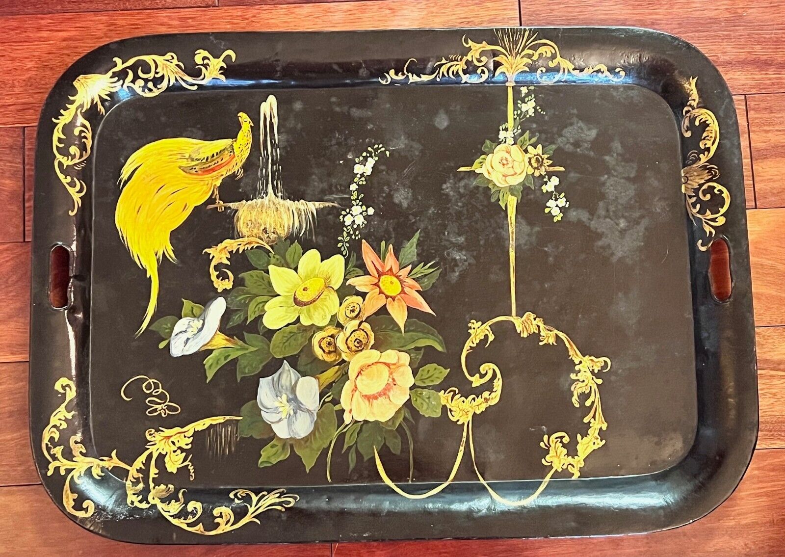 Vintage Victorian Tole Tray Hand Painted Black Bird Floral 20”x28” Metal Tray