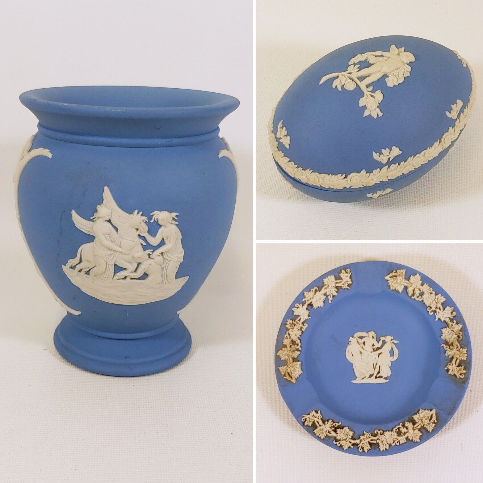 3-Pieces Vintage Blue Wedgwood Jasperware Vase + Egg + Ashtray - Great Details