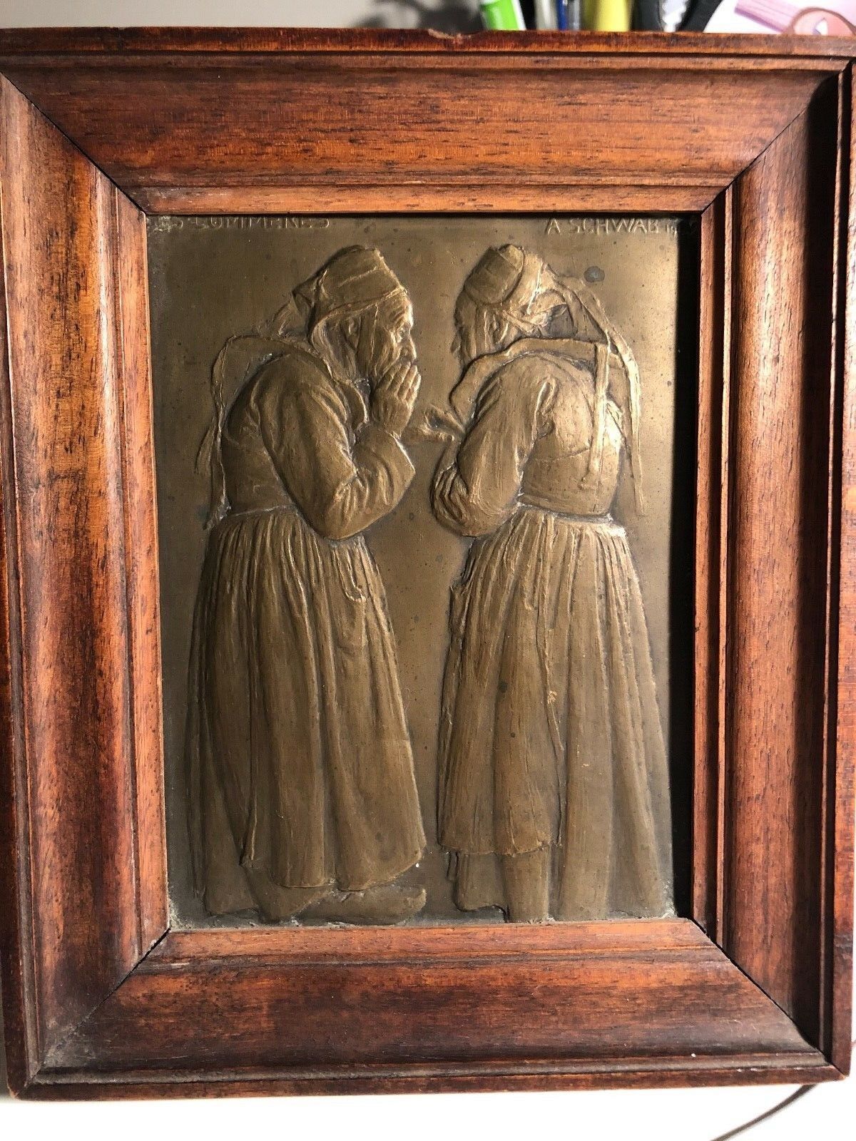 Antique A Schwab 1912 Bronze Plaque Ladies Gossiping framed