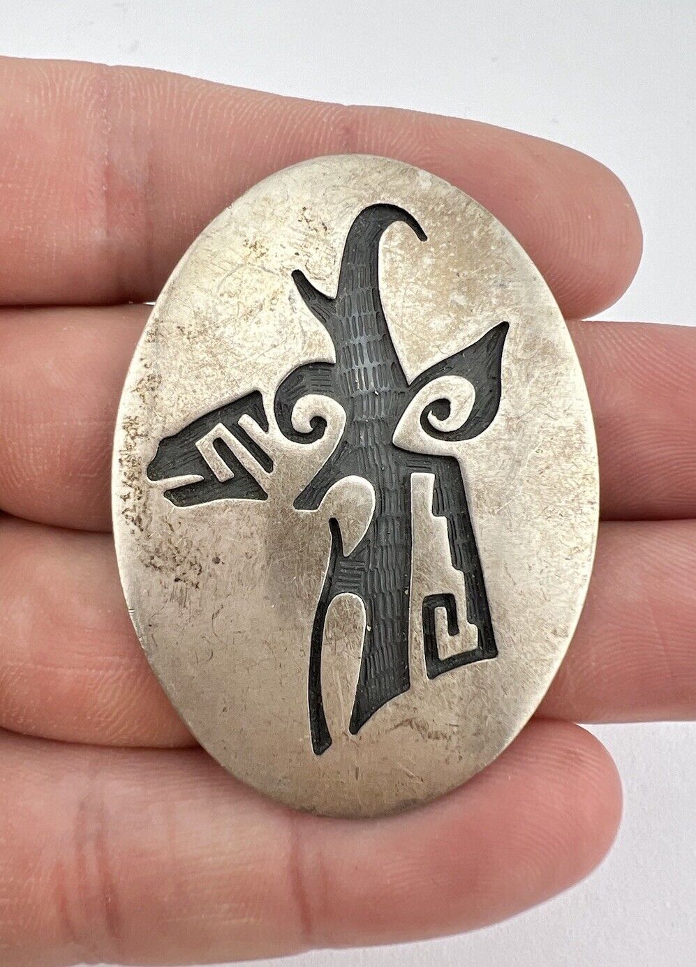 Vintage Hopi Sterling Silver Tribal Elk Deer Design Overlay Pin Pendant