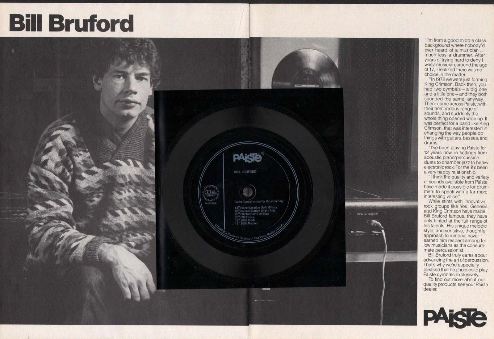 1984 2pg Print Ad of Paiste Drum Cymbals w Bill Bruford & Bonus Record