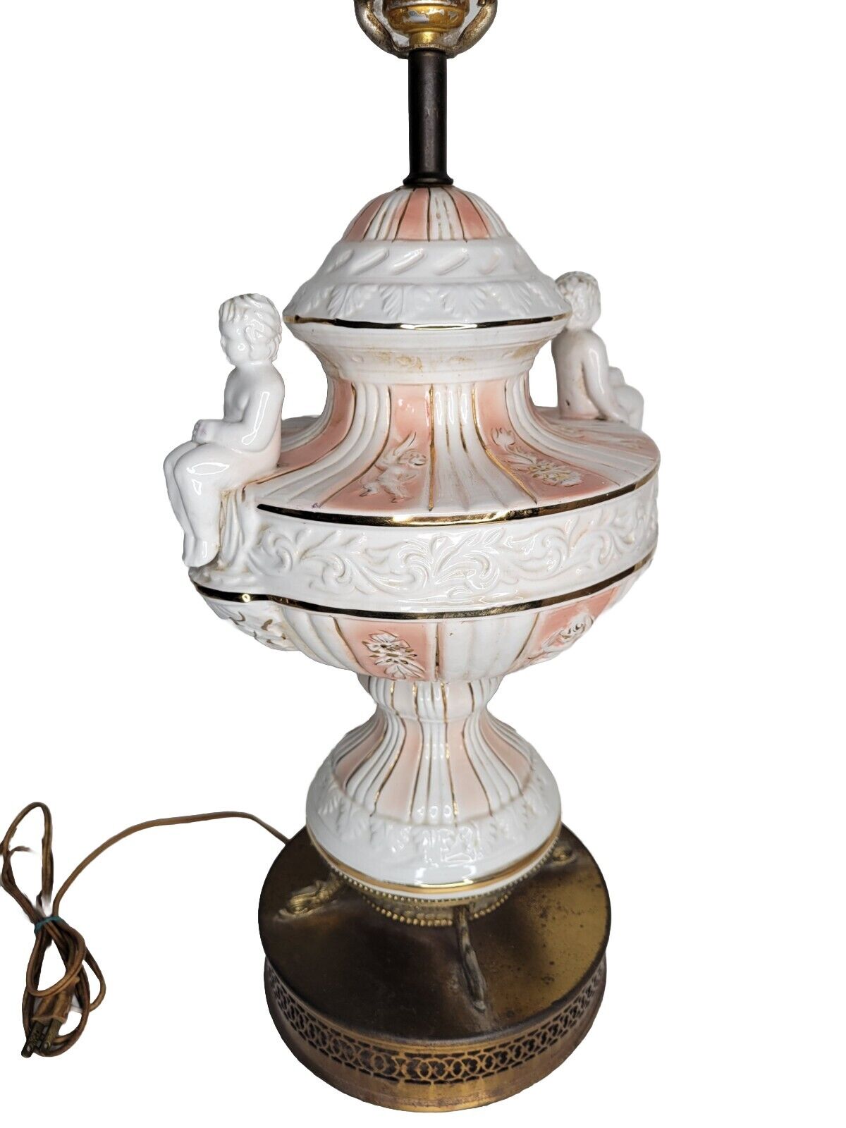 Vtg Antique Lamp CAPODIMONTE PORCELAIN Rare HTF Cute Cherubs Angels Pink Retro