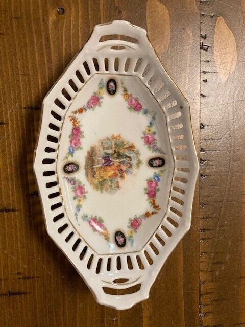 Vintage Small German Porcelain White Trinket Dish Lattice Cut Outs Gold Trim