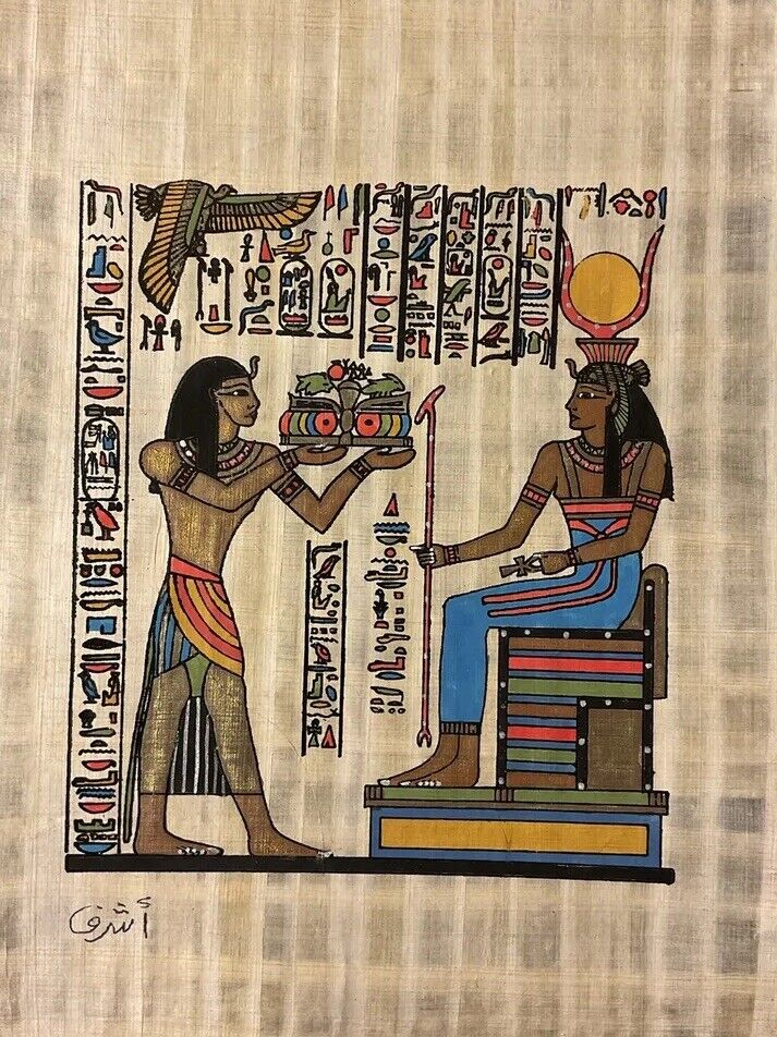 Rare Authentic Hand Painted Ancient Egyptian Papyrus-Cleopatra on Throne-9x13”