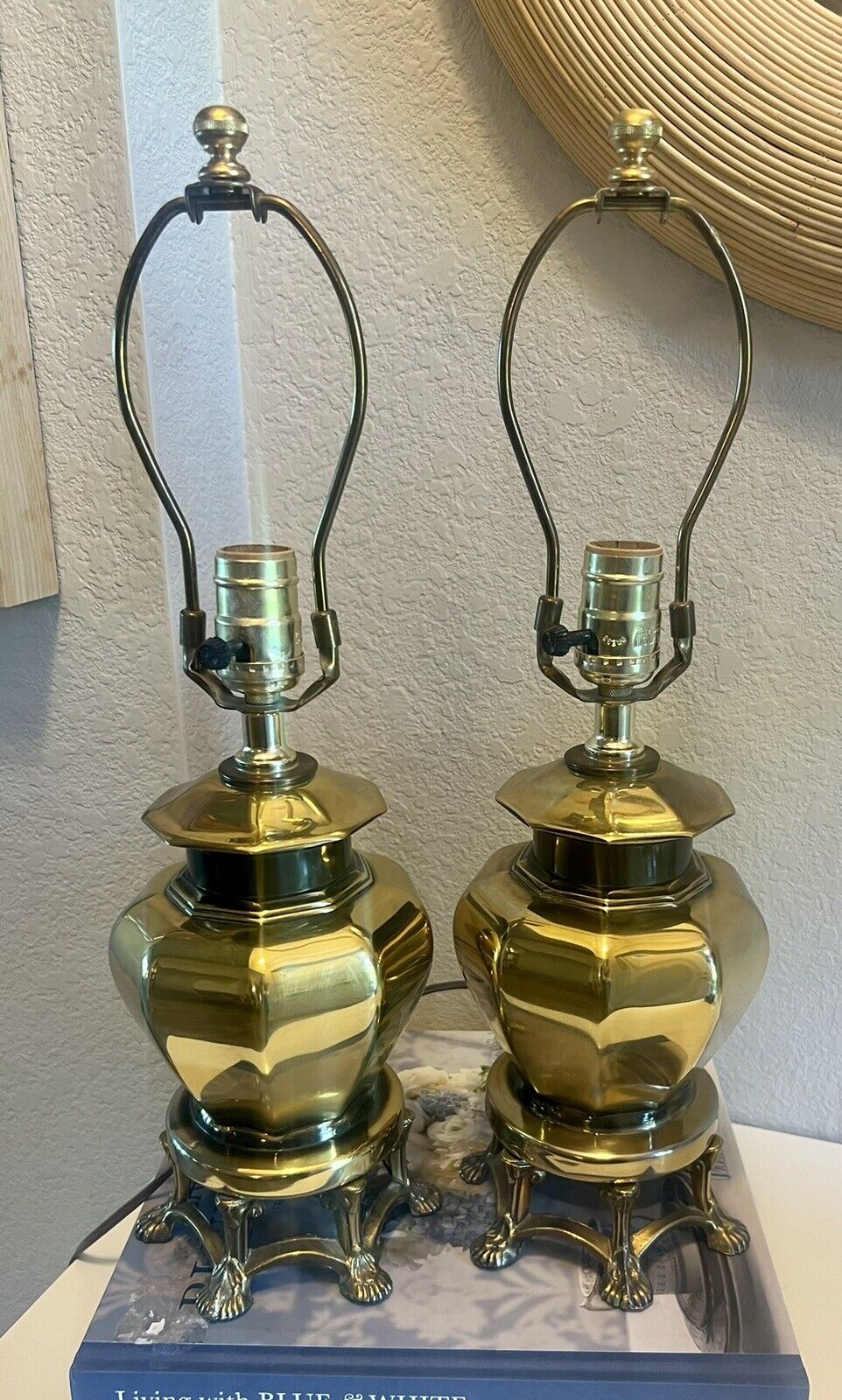 Pair Of Vintage Brass Claw Footed Lamps, MCM Hollywood Regency