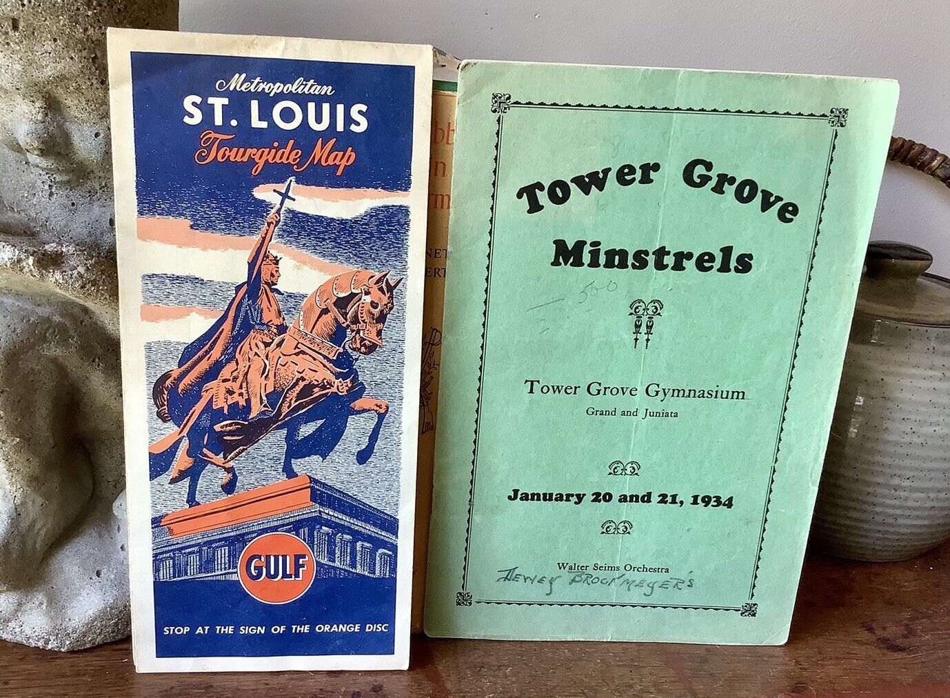 Vintage St. Louis MO Ephemera Gulf Tourguide Map & Tower Grove Minstrels Program