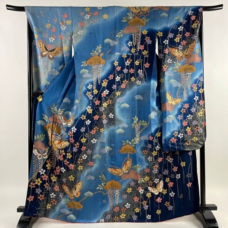 Japanese Kimono Furisode Pure Silk Butterfly Flower Gold Thread Blue
