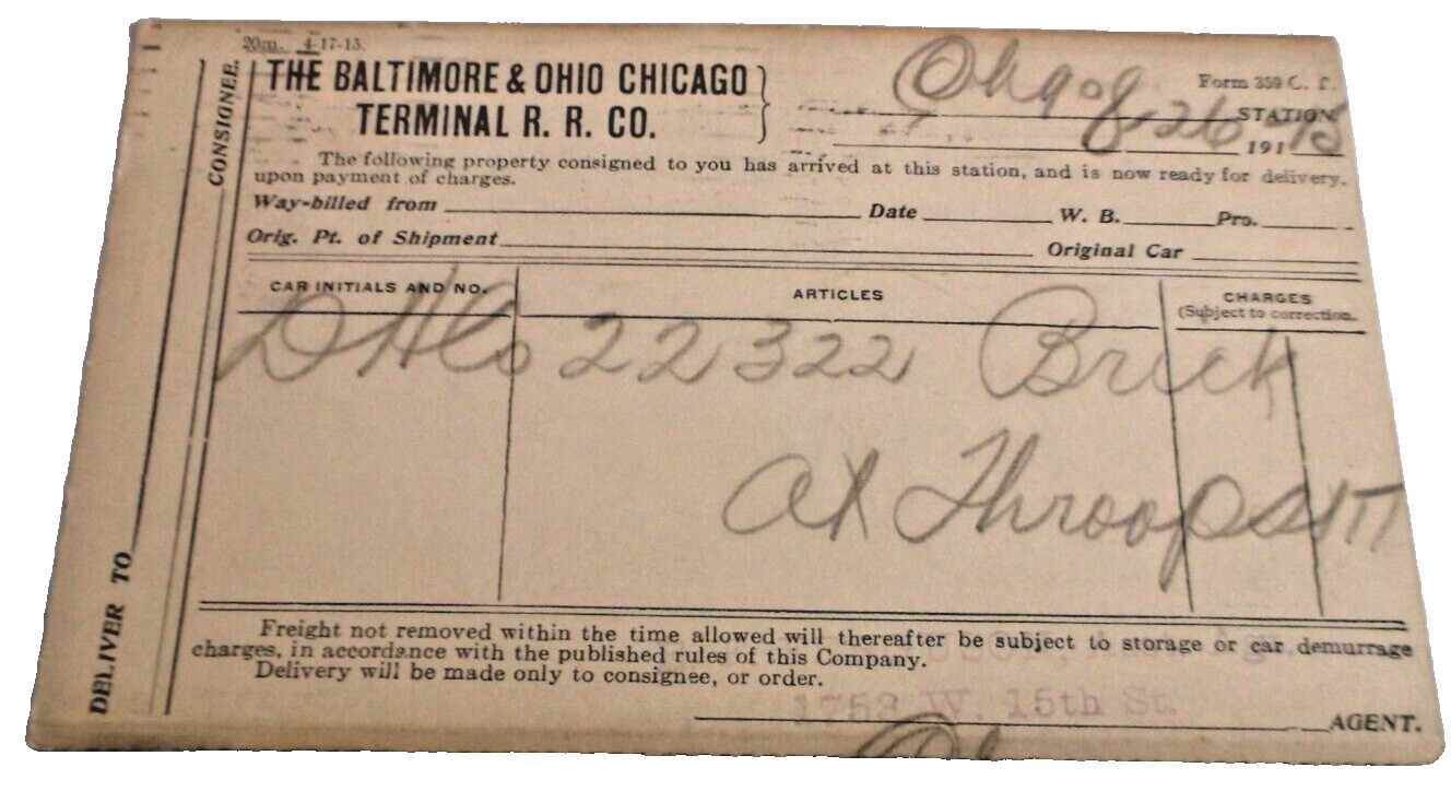 AUGUST 1915 B&O BALTIMORE & OHIO CHICAGO TERMINAL B&OCT FREIGHT POST CARD B