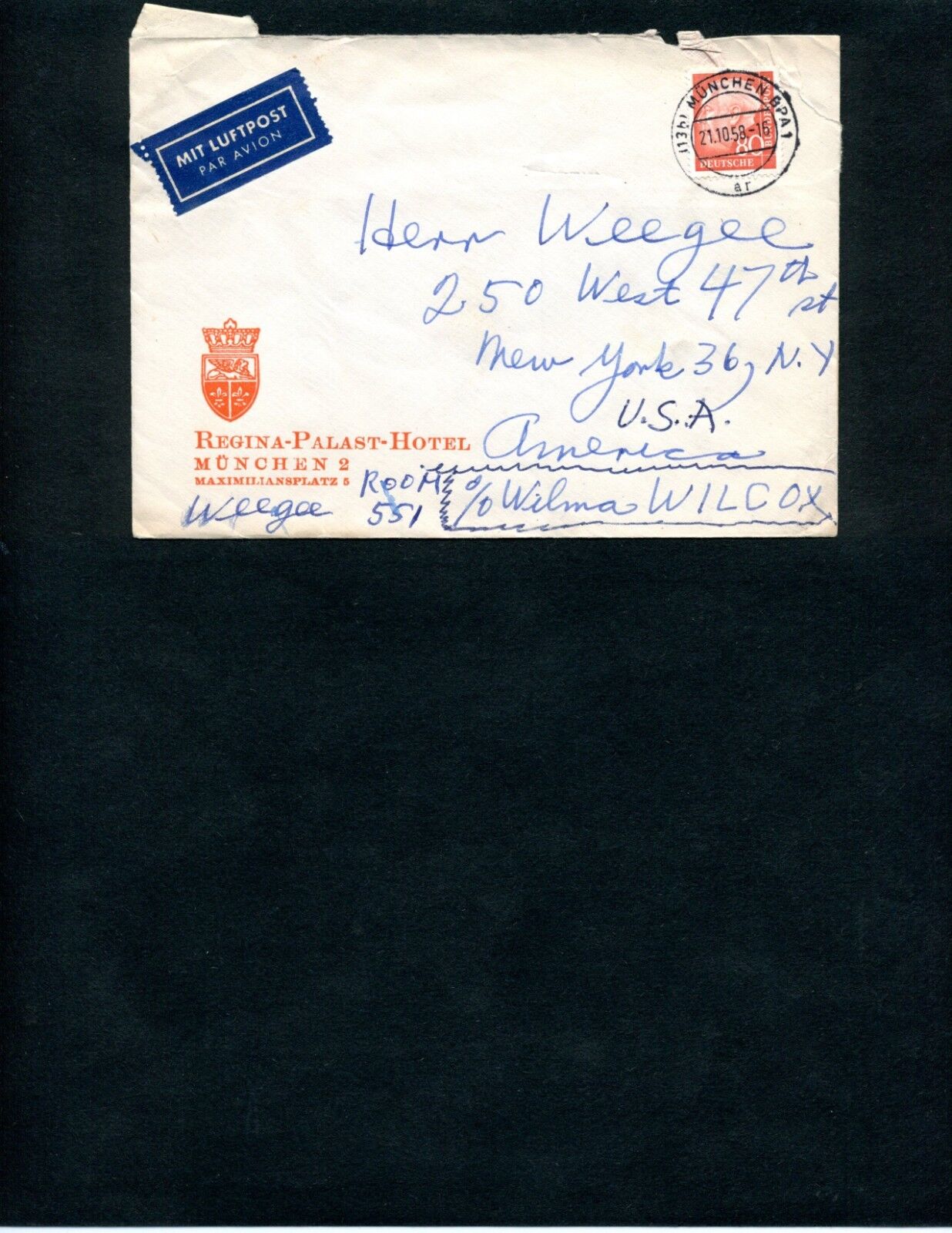 WEEGEE (ARTHUR FELLIG) TWICE SIGNED HANDWRITTEN GERMAN HOTEL ENVELOPE 1958