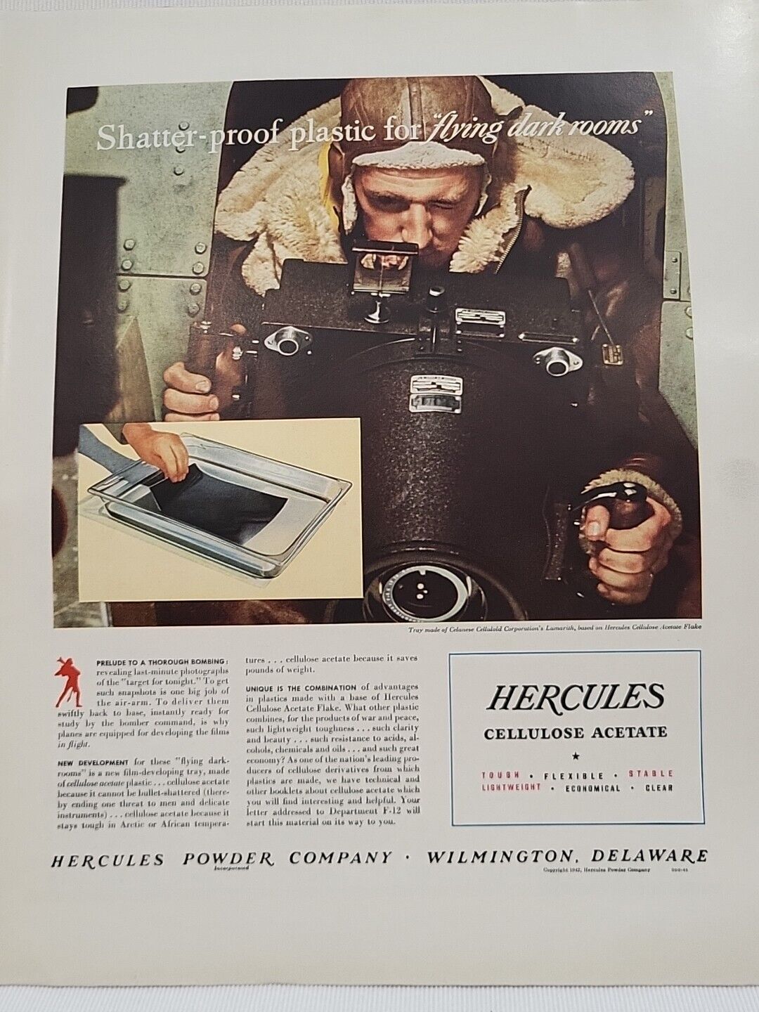 1942 Hercules Cellulose Acetate Fortune WW2 Print Ad Plane Plot Flying Dark Room
