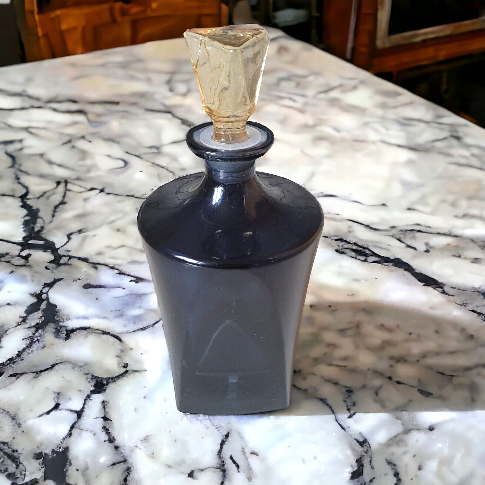 Vintage Black Glass Art Deco Perfume Bottle w/ Amber Stopper Triangle Panels