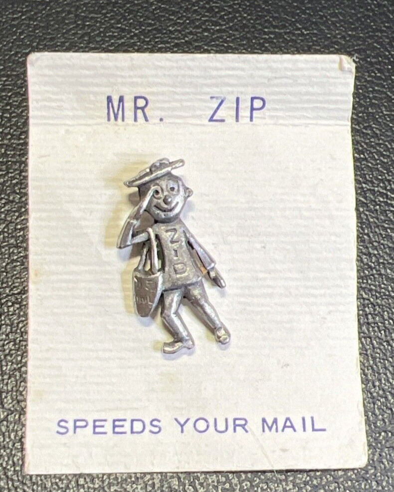 VINTAGE OLD MR ZIP CODEBRASS PIN ZIPPY POST OFFICE MAIL MAN LETTER CARRIER  60s