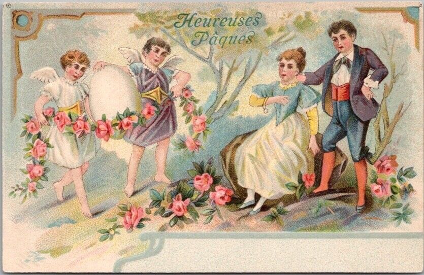 c1900s French EASTER Embossed Postcard Couple Meets their Angel Twins / Eggs