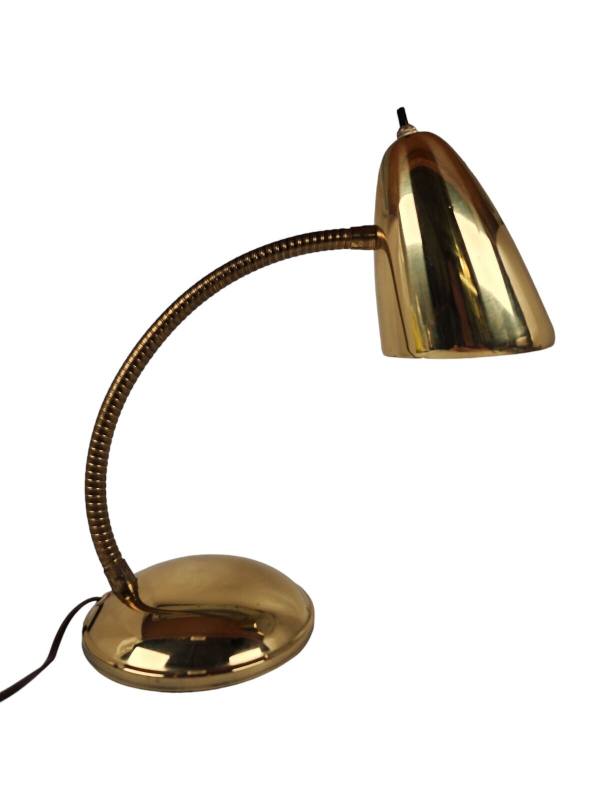 Vtg Metal Goose Neck Desk Lamp Atomic Bullet Gold Brass MCM Table Light 23\