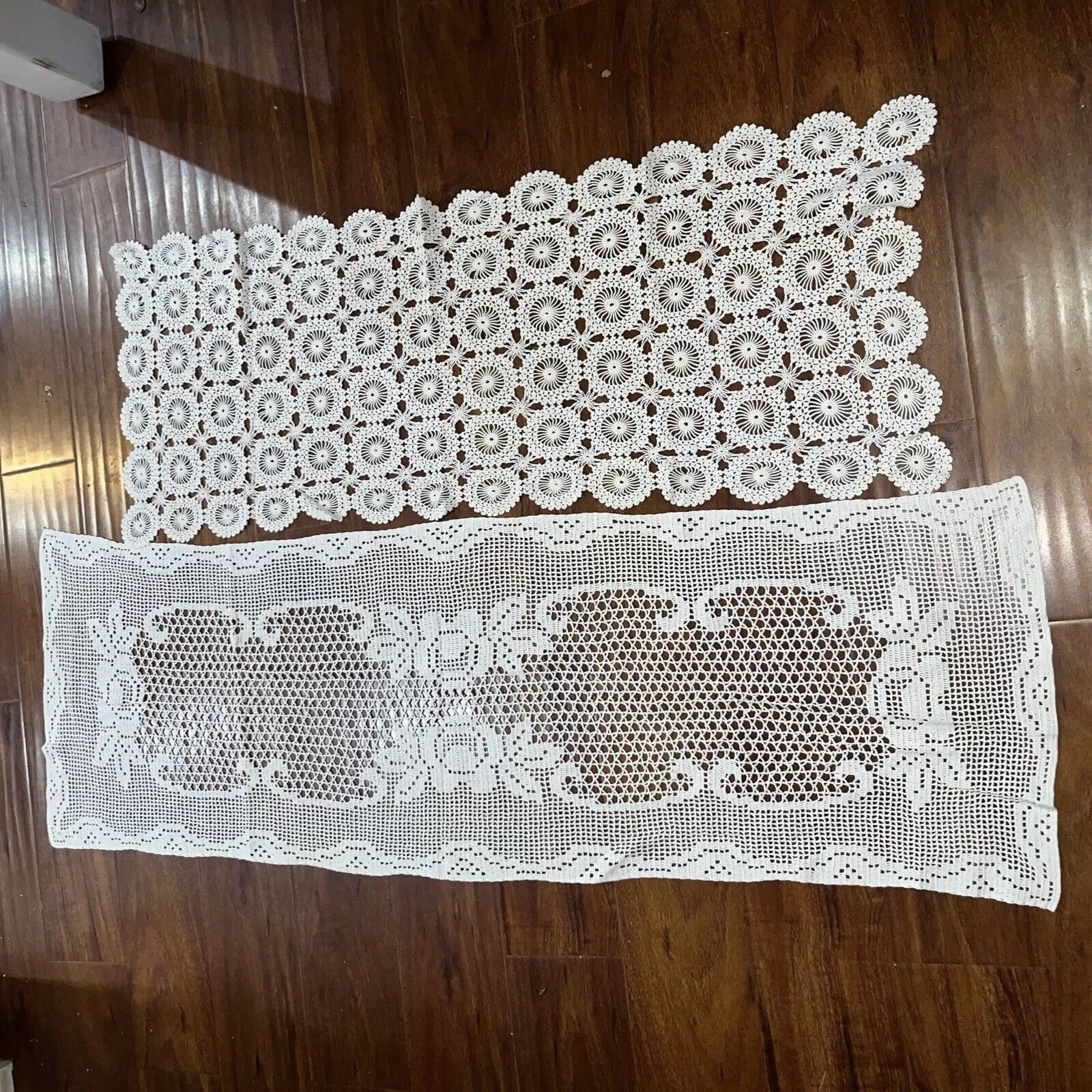 Lot of (2) Antique Vintage White Crocheted Jasmine Lace Table Runners