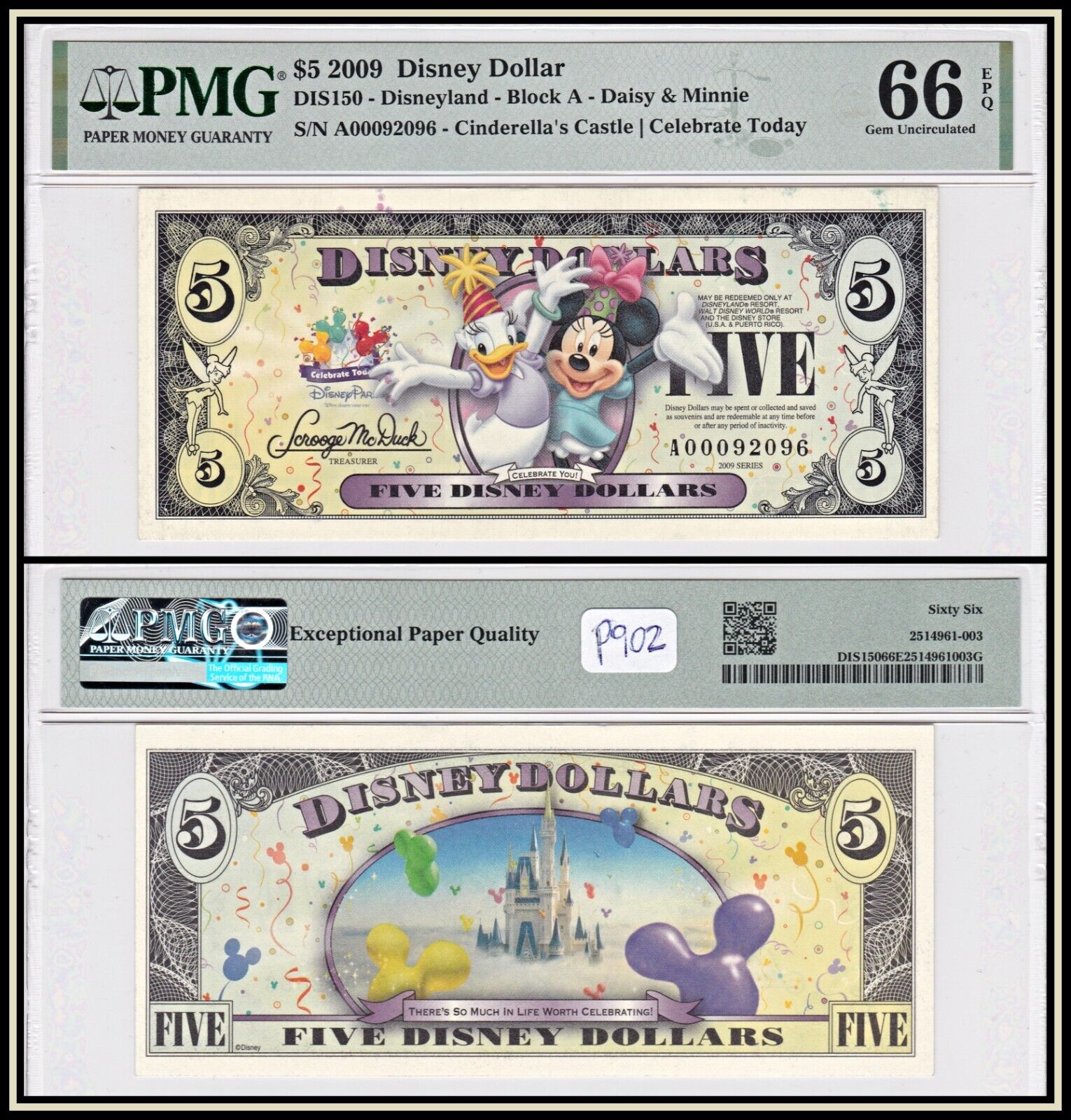 2009 Daisy Duck & Minnie Mouse $5 Disney Dollar PMG 66 EPQ Gem Uncirculated