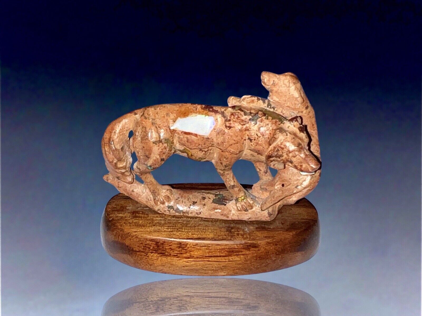 2.6” Long  Finely Carved Fire Opal Fetish / Sculpture Of Wolf And Cub