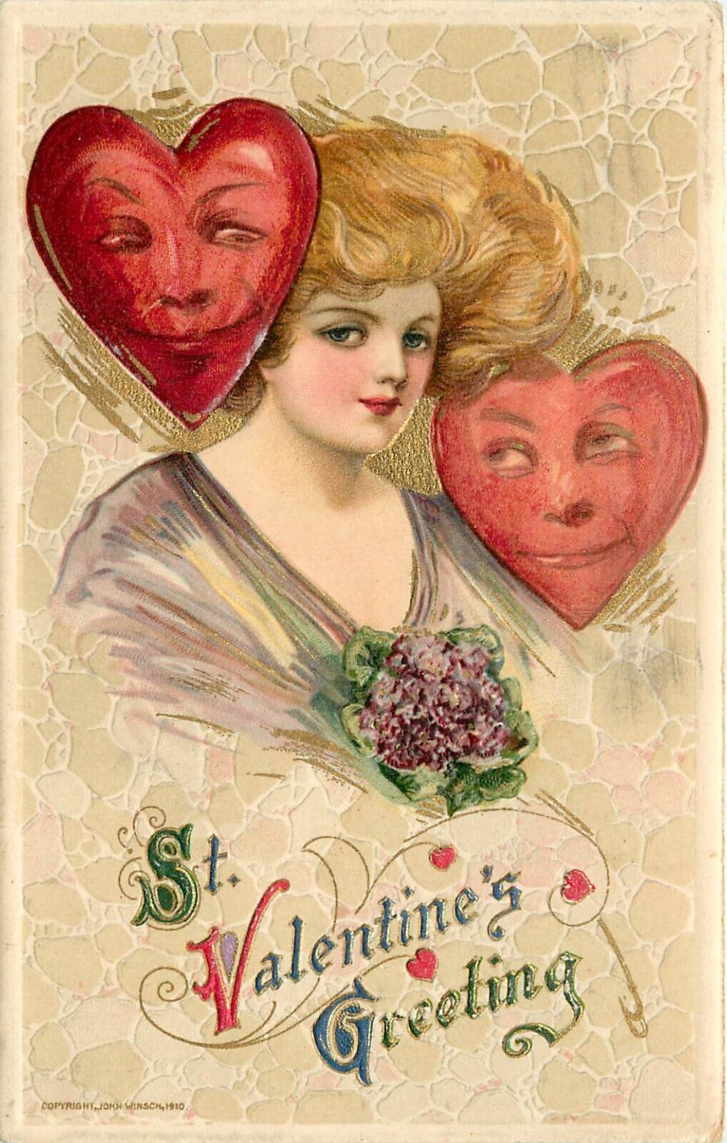 Winsch Schmucker Valentine Art Postcard, Beautiful Girl & Anthropomorphic Hearts