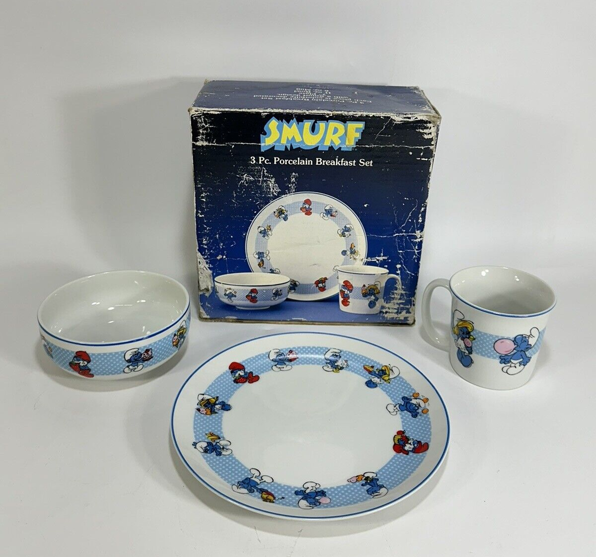 Vintage 1980's Smurf 3 pc. Porcelain Breakfast Set ~ Wallace Berrie ~ Japan Made
