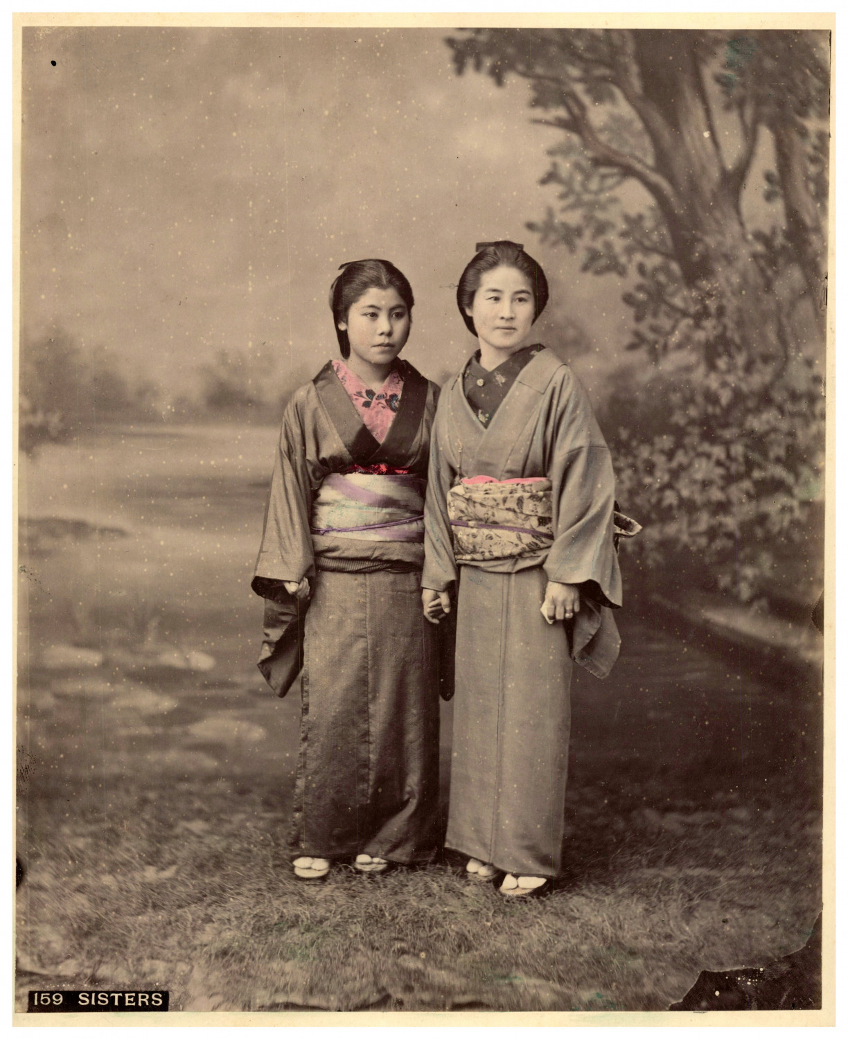 Japan, two young sisters vintage print, albumin print watercolor print 25.5x20,
