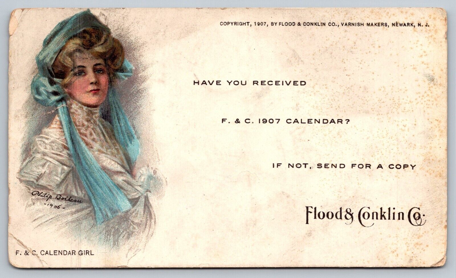C.1906 Philip Boileau Signed. Flood & Conklin Co Advertising. Calendar Girl. VTG