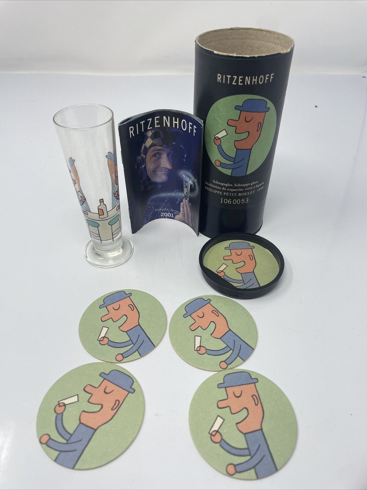 Vintage Ritzenhoff Schnapps Glass Philippe Petite-Roulet Box Coasters Man Drink