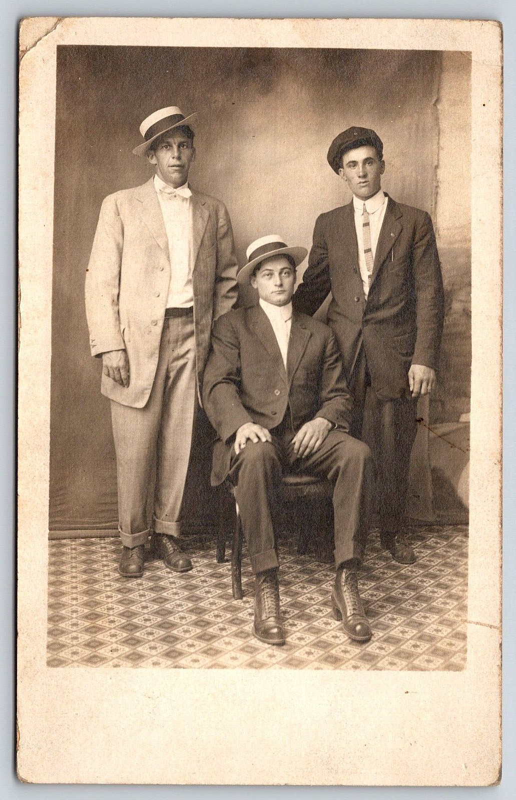Original Old Vintage Real Photo Postcard Three Gentlemen Suit Tie Hat RPPC