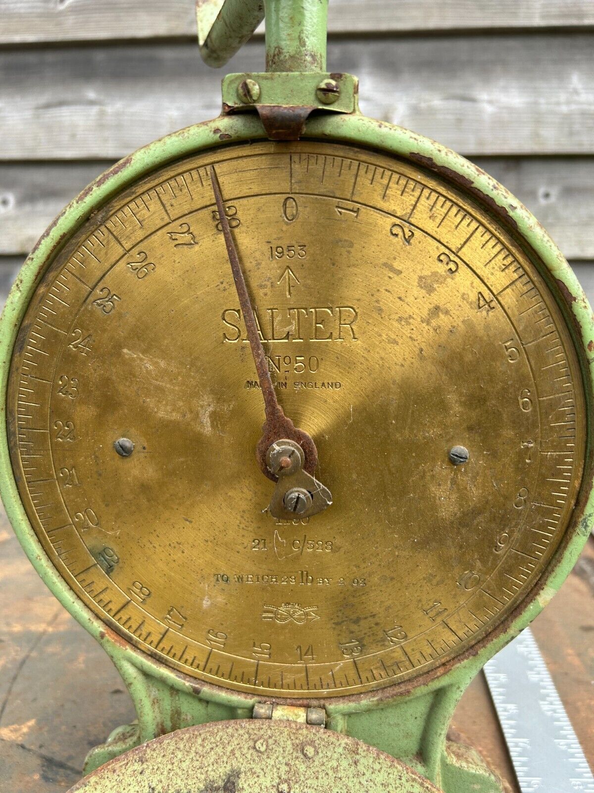 Antique/Vintage Salter No 50 weighing scales 1953 no pan ex-military brass dial